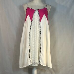 Entro Mini Dress Pink W/White Lace Spaghetti Straps A Line Black Trim Babydoll L
